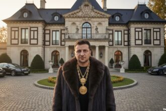 Ukraine President Volodymyr Zelensky wearing a fur coat and gold chains standing in front of a mansion.