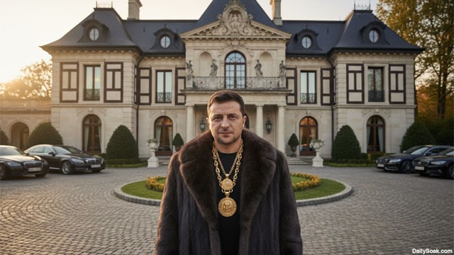 Ukraine President Volodymyr Zelensky wearing a fur coat and gold chains standing in front of a mansion.