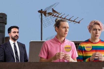 Zohran Mamdani on a rooftop with two of his white make gay supporters.