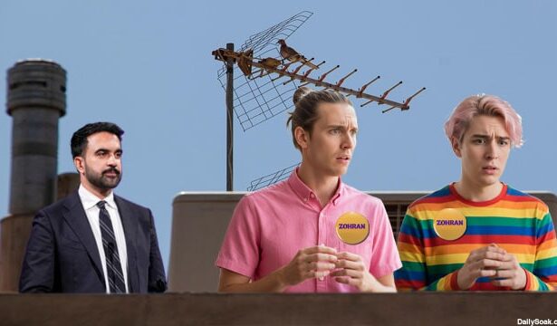 Zohran Mamdani on a rooftop with two of his white make gay supporters.