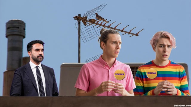 Zohran Mamdani on a rooftop with two of his white make gay supporters.