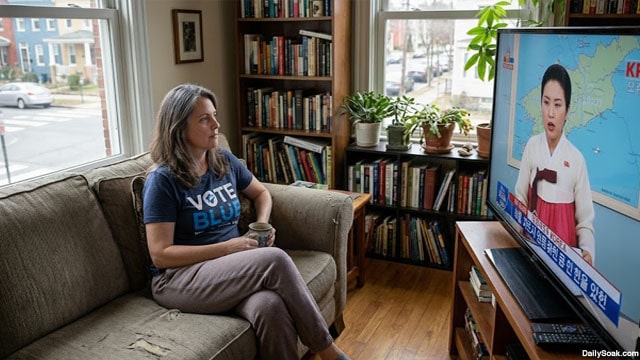 Female CNN viewer sitting on a couch watching North Korean news on television.