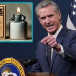 California Governor Gavin Newsom speaking behind a podium on wildfires.
