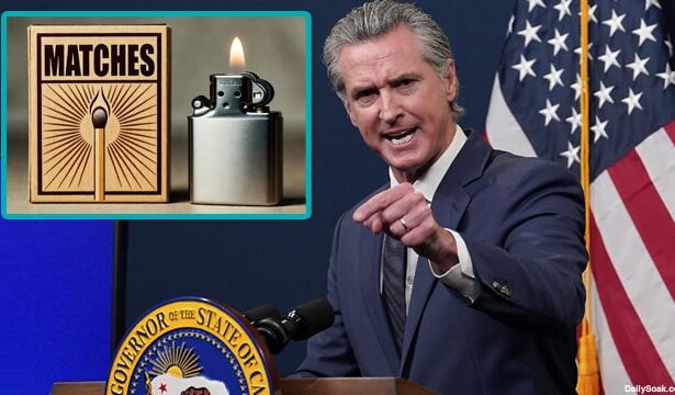 California Governor Gavin Newsom speaking behind a podium on wildfires.