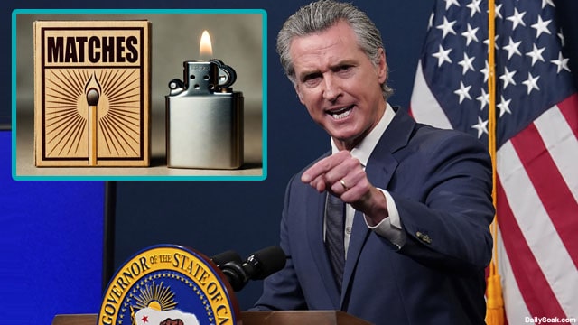 California Governor Gavin Newsom speaking behind a podium on wildfires.