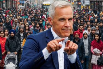 Canadian government's Mark Carney standing in front of dozens of Indian immigrants.