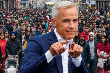 Canadian government's Mark Carney standing in front of dozens of Indian immigrants.