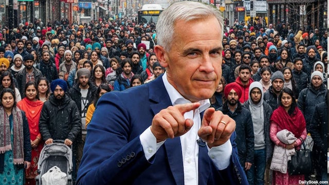 Canadian government's Mark Carney standing in front of dozens of Indian immigrants.