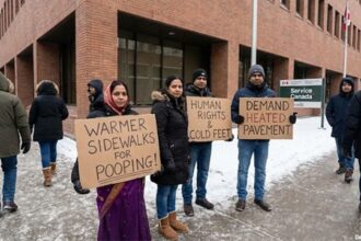 Indian immigrants in Canada protesting in front of government building.