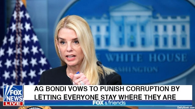 DOJ Attorney General Pam Bondi giving a Fox News interview about Democrat corruption.