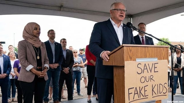 Democrats Tim Walz and Ilhan Omar on stage speaking behind a podium in Minnesota on Somali daycare fraud.