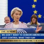 EU chief von der Leyen giving a speech at the European Union Parliament on censoring Americans' speech online.