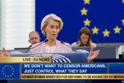 EU chief von der Leyen giving a speech at the European Union Parliament on censoring Americans' speech online.
