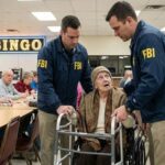 FBI agents arresting an old grandmom inside of a Bingo hall.