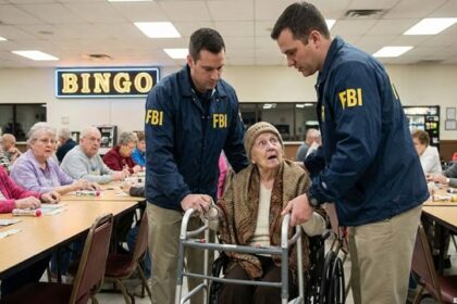 FBI agents arresting an old grandmom inside of a Bingo hall.