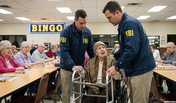 FBI agents arresting an old grandmom inside of a Bingo hall.