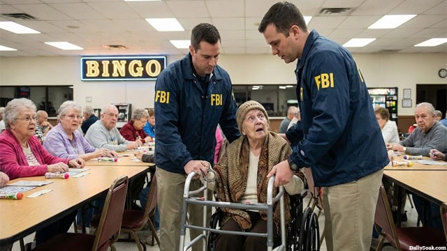 FBI agents arresting an old grandmom inside of a Bingo hall.