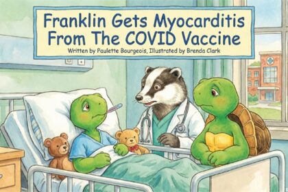 Parody book cover of Franklin the Turtle with the cartoon turtle lying on a hospital bed.