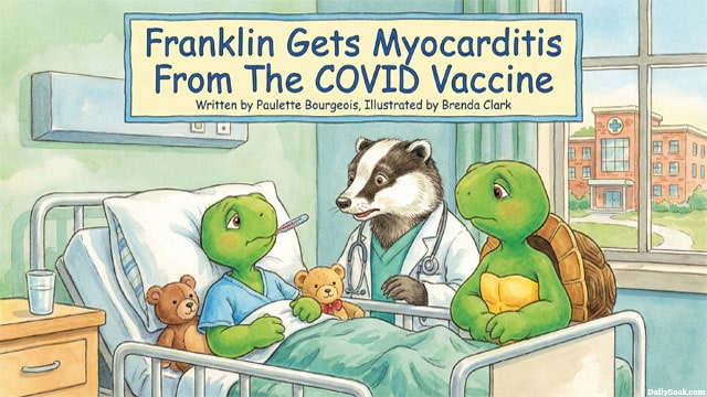 Parody book cover of Franklin the Turtle with the cartoon turtle lying on a hospital bed.
