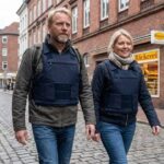 White German man and woman wearing stab-proof vests walking along busy Germany street.