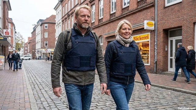 White German man and woman wearing stab-proof vests walking along busy Germany street.