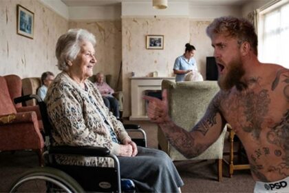 YouTube boxer Jake Paul inside of a nursing home yelling at an old woman in a wheelchair.