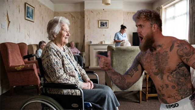 YouTube boxer Jake Paul inside of a nursing home yelling at an old woman in a wheelchair.