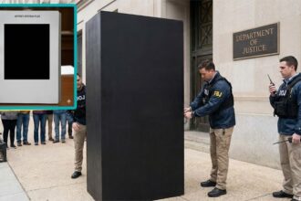 DOJ agents in front of the redacted Jeffrey Epstein files full of black rectangles.