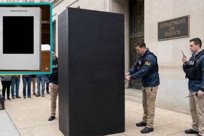 DOJ agents in front of the redacted Jeffrey Epstein files full of black rectangles.