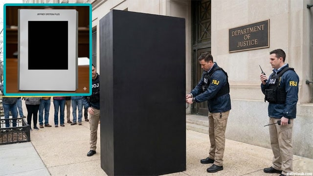 DOJ agents in front of the redacted Jeffrey Epstein files full of black rectangles.
