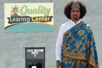 Former Canada Prime Minister Justin Trudeau wearing blackface standing in front of a Somali daycare center in Minnesota.