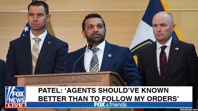 FBI Director Kash Patel behind a podium giving a speech.