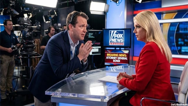 Fox News producer pleading with Pam Bondi dressed in red jacket sitting down in a studio.