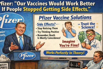 Pfizer executive man behind podium giving speech on COVID vaccine side effects.