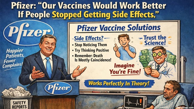 Pfizer executive man behind podium giving speech on COVID vaccine side effects.