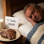 RFK Jr. sleeping in his bed next to a nightstand with a T-Bone steak and glass of raw milk on it.