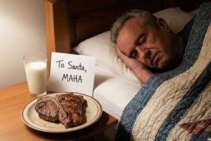 RFK Jr. sleeping in his bed next to a nightstand with a T-Bone steak and glass of raw milk on it.