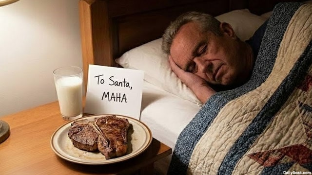 RFK Jr. sleeping in his bed next to a nightstand with a T-Bone steak and glass of raw milk on it.