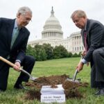 Republicans in Congress in front of the Capitol Building burying Trump's agenda bill.
