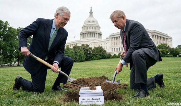 Republicans in Congress in front of the Capitol Building burying Trump's agenda bill.