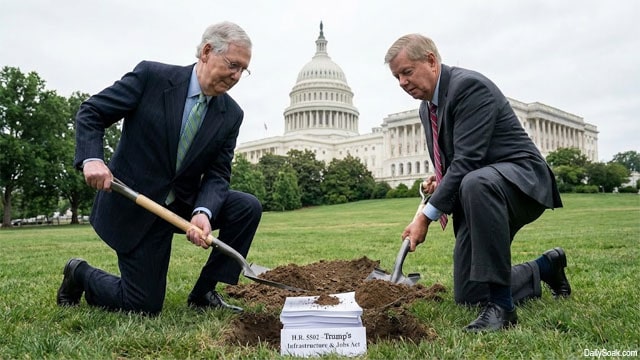 Republicans in Congress in front of the Capitol Building burying Trump's agenda bill.