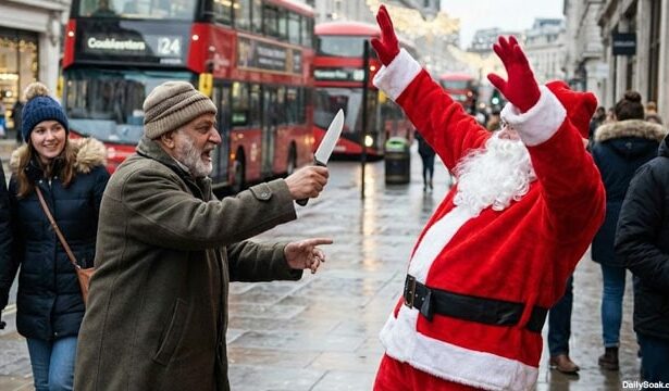 A Pakistani man stabbing Santa Clause on a street in London, UK.