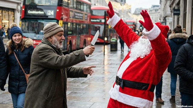 A Pakistani man stabbing Santa Clause on a street in London, UK.
