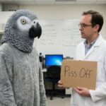Scientist in white lab coat holding a sign in front of a man wearing a grey parrot costume in a medical laboratory.