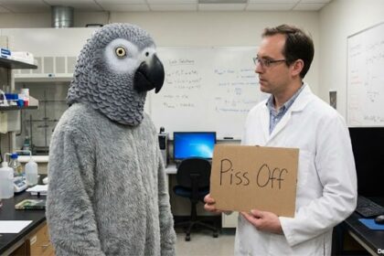 Scientist in white lab coat holding a sign in front of a man wearing a grey parrot costume in a medical laboratory.