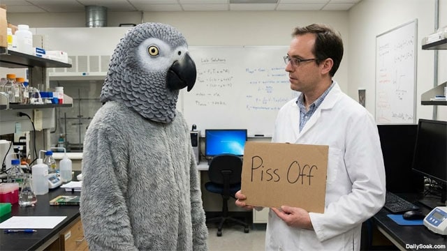 Scientist in white lab coat holding a sign in front of a man wearing a grey parrot costume in a medical laboratory.