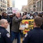 Governor Tim Walz throwing tampons at ICE agents during a Somali protest in Minnesota.