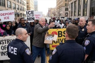 Governor Tim Walz throwing tampons at ICE agents during a Somali protest in Minnesota.
