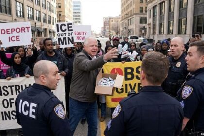 Governor Tim Walz throwing tampons at ICE agents during a Somali protest in Minnesota.