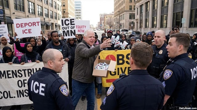 Governor Tim Walz throwing tampons at ICE agents during a Somali protest in Minnesota.